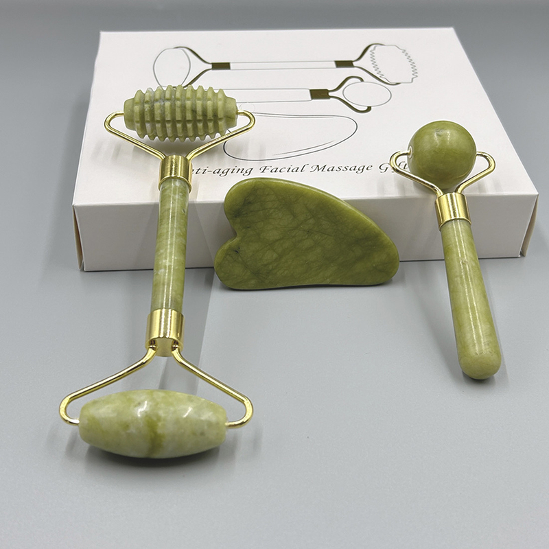 OEM/ODM Rose Quarz Jade Roller Gesichtsstein Massagegerät mit Serumöl und Gunsha
